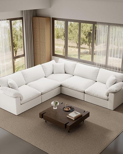 Cloud Modular Sectional Sofa,211.6" Down Filled Sofa 5 Seat with Chaise,Minimalist Sofa Cover Washable and Replaceable Couches for Living Room,Sectional Sofa Deep Seat White