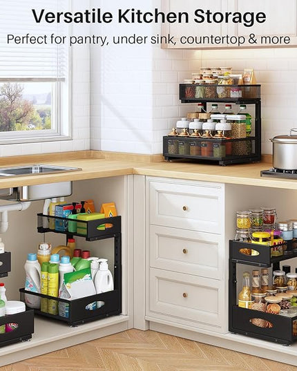 Under Sink Organizer, 2 Pack 2 Tier Pull Out Under Cabinet Organizer Shelf with Pad for Framed Cabinets, Metal Slide Out Under Sink Storage, Mesh Sliding Drawers for Kitchen Bathroom Laundry, Black