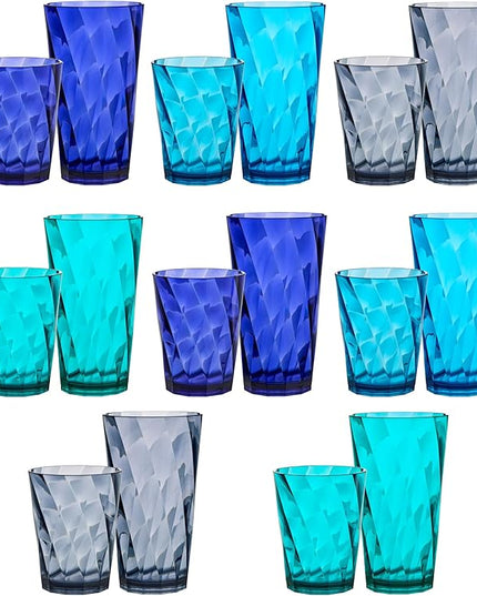 US Acrylic Optix Plastic Reusable Drinking Glasses (Set of 16) 14oz Rocks & 20oz Water Cups in Coastal Colors | BPA-Free Tumblers, Made in USA | Top-Rack Dishwasher Safe