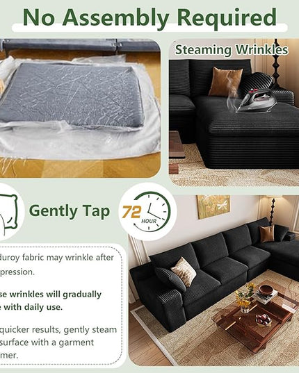 136" Cloud Couch Modular Sectional Sofa for Living Room, L-Shape Boneless Couch with Deep Seat, Modern Corduroy 4-Seater, No Assembly Required (Black,Right-Facing Chaise)