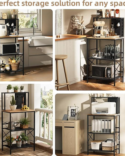 Kitchen Bakers Rack with Pegboard, 4-Tiers Coffee Bar Table, Heavy-Duty Metal Microwave Stand, Adjustable Storage Shelf Rack for Living Room, Garage, Office