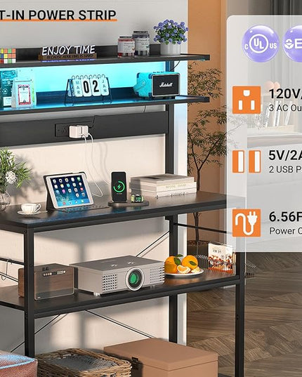 Aheaplus Bakers Rack with Power Outlet, Microwave Stand, 5 Tiers Coffee Bar Station with Led Lights, Kitchen Storage Shelf with 6 S-Shaped Hooks, Kitchen Rack Coffee Bar Stand, Black