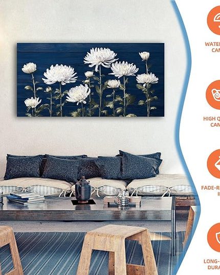 HUADAOART Canvas Art White Chrysanthemum Wall Decor Navy Blue Background 48 x 24 inches Contemporary Living Room Decor