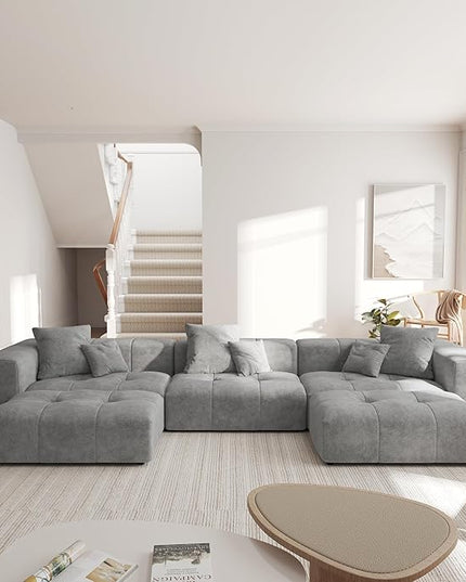 JACH 144.1 Inch U-Shaped Modular Sofa, Mid Century Modern Deep Seat Sectional Couch, 3-Seater Sofas with Chaise Ottomans for Living Room, Cozy Sofas for Apartment, Living Room (Linen Fabric, Grey)