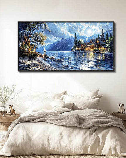 XIGUANGART Blue Coastal Wall Art Ocean Picture Mountain Wall Decor Lake Beside Countryside Large Canvas Print Art for Living Room Bedroom Home Office Forest Scenery Painting Decoration Framed Artwork