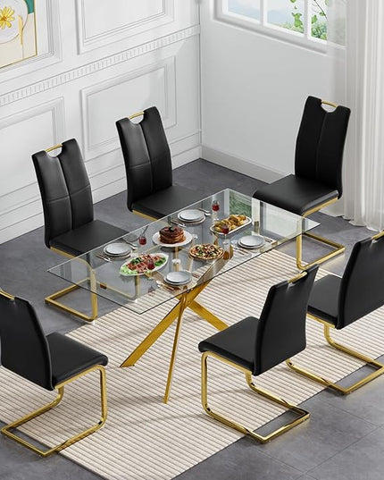 7 Piece Glass Dining Table Set, Glass Kitchen Dining Room Table Set for 6, 61" Modern Rectangular Gold Glass Metal Dining Table with 6 Black PU Leather Dining Chairs for Kitchen Dining Room