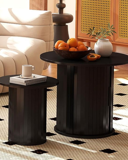 COSVALVE Nesting Coffee Table Set of 2 with Hidden Storage & Sliding Door, Circle Wood Coffee Table, Farmhouse Side & End Table Sets for Living Room, Small Spaces, Black