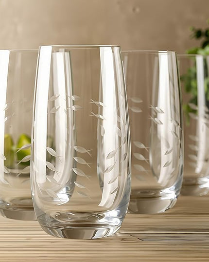 Hand-Carved Fish Highball Glass Set of 4 – Artistic Handmade Whiskey & Water Drinking Glasses with Intricate School of Fish Design – Durable 17oz Tumblers for Everyday Use, Gifts, or Cocktails