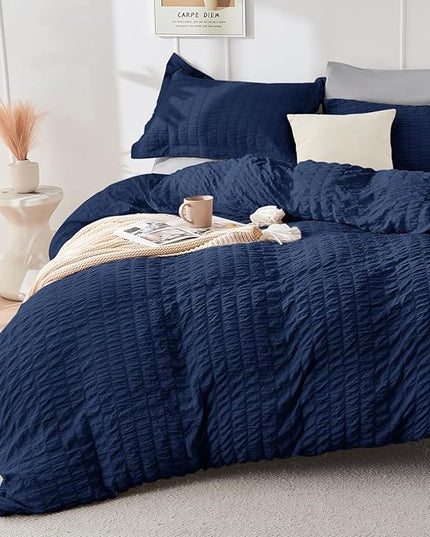 HYMOKEGE Navy Blue/Light Grey Queen Comforter Set Seersucker 7 Pieces, All Season Luxury Bed in a Bag Queen for Bedroom, Bedding Set with Comforter, Sheets, Pillowcases & Shams
