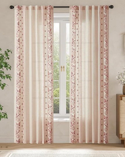 jinchan Christmas Curtains for Bedroom 84 Inches Length Embroidered Bordered Floral Curtains for Living Room Farmhouse Decor Light Filtering Window Treatments Red on Beige Drapes 2 Panels