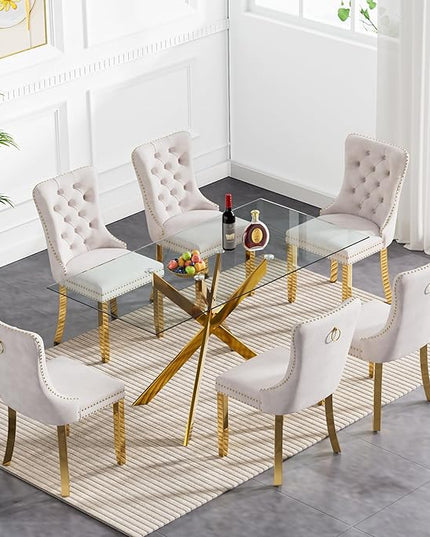 60" Glass Dining Table Set for 6, Modern Dining Room Table Set for 6, Gold X-Shape Pedestal Glass Table with 6pcs Beige Dining Chairs, 7 Piece Dining Set for Dining Living Room