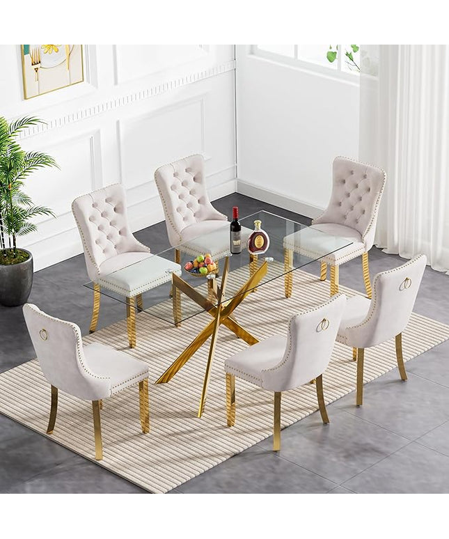 60.63in Rectangular Glass Dining Table Set for 6, Glass Gold Kitchen Table and Chair Set for 6, Modern 7 Piece Dining Room Set with 6 Fabric Upholstered Chairs, Metal Legs Home Kitchen Furniture