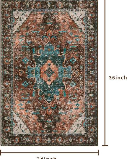 Ciicool Washable Vintage Area Rug, 2x3ft Small Boho Rug, Ultra Soft Rugs for Entryway, Non-Slip Entry Rugs Oriental Low-Pile Indoor Mat Floor Carpet for Entrance Bedroom Kitchen Bathroom Foyer Decor