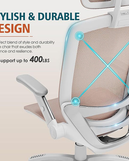 GABRYLLY Ergonomic Office Chair, High Back Home Desk Chair with Headrest, Flip-Up Arms, 90-120° Tilt Lock and Wide Cushion, 400LBS Mesh Chairs for Man Woman, White Task Chair(Pink,GY01WPK)