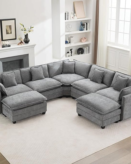 137'' V Shaped Cloud Sectional Sofa, Oversized Deep Seat Couches for Living Room, Chenille Comfy Upholstered Modular Sectional Sofa Couch with 2 Movable Ottoman, Grey