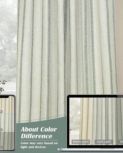 DriftAway Farmhouse Linen Blend Blackout Curtains 63 Inches Long for Bedroom Vertical Striped Printed Linen Curtains Thermal Insulated Lined Treatments for Living Room Pair W52 x L63 Linen Loden Green