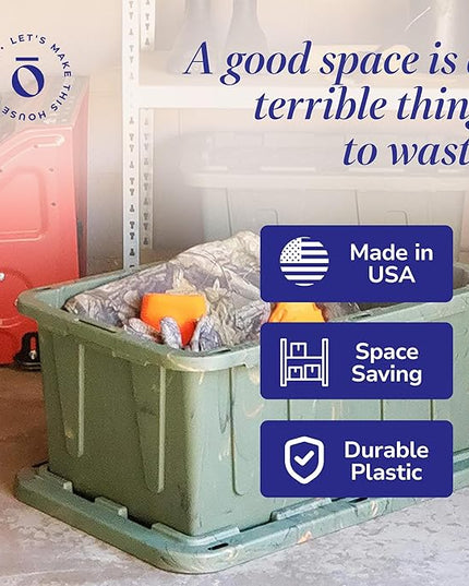 HOMZ 4-Pack Durabilt Tote, Heavy Duty Plastic Storage Bins with Lids, 27 Gallon, Green Camo - Stackable Organizing Containers for Home, Garage, and Office