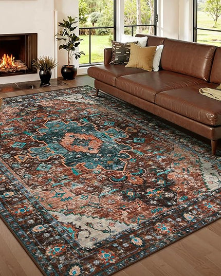Ciicool Area Rug 5x7ft Washable Rugs for Living Room Non-Slip Indoor Rugs Large Low-Pile Mat Floor Carpet Vintage Rug for Bedroom Dinning Foyer Decor (Brick Red/Dull Teal)