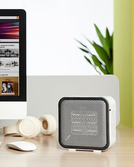 Amazon Basics Portable Mini Ceramic Space Heater, for Office Desk and Indoor Use, 500 W, With Tip-Over Protection, Lightweight (1.4 LBS), White, 5.9 x 3.2 x 6 inches