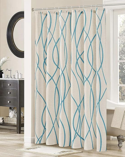 Blue Modern Farmhouse Linen Shower Curtain, Country Cottage Bathroom Decor Striped Minimal Boho Textured Linen Shower Curtain Set with Hooks, 72x72