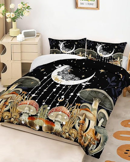 AILONEN Twin Bedding Set,Sun and Moon Boho Mushroom Comforter Set,Natural Wild Fungus Bedding Set for Kids Boys Girls,Bohemian Plant Comforter with 2 Pillowcases,3 Piece