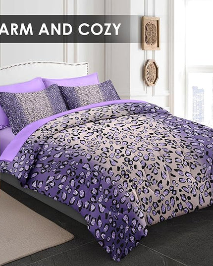 Comforter Set Full Size, Leopard Colorful Plain Purple 7 Pcs Bedding for Kids and Adults, Gold Geometric Tiger Bed Sheet Sets with Fitted Sheet 2 Pillowcases & 2 Shams for Bedroom Bed Decor