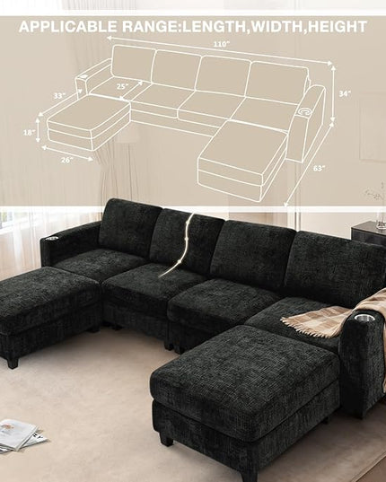 110" Chenille U-Shape Sofa with Flexible Ottomans, Comfy Sectional Sofa with 2 Built-in Cup Holders, Convertible 4 Seats Couch with Well-Filled Back Cushions for Living Room, House, Black