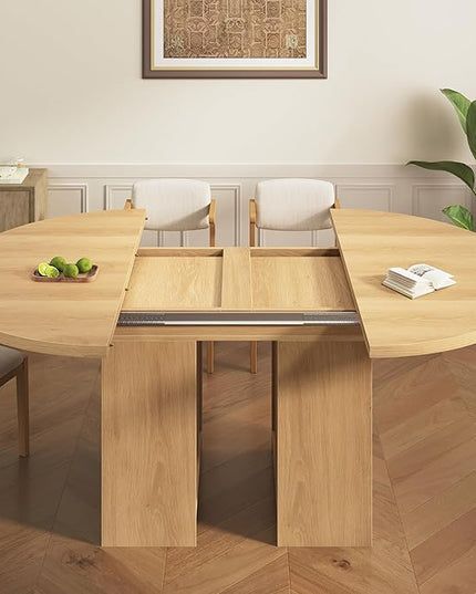 59'' Extendable Dining Table for 4-8, Round Kitchen Room Table with 3-Tier Storage Racks, Adjustable Shelves, Wooden Pedestal Base, for Kitchen, Dinner, Living Room, Office, Natural