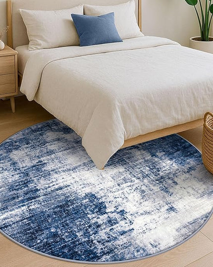 IOHOUZE Abstract Round Area Rug 6 Ft Washable Circle Rugs Large Round Rug Non Slip Thin Soft Circle Rugs, Printed Faux Wool Floor Carpet for Bedroom Living Room Dining Room Nursery, Navy/Grey