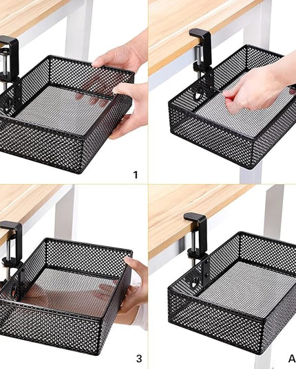 Mesh Desk Organizer and Clamp-on Swivel Pencil Drawer, Desk Hidden Extra Sturdy C-Clamp Mount System and Easy to Instal, Home Office Art Supply Storage Box (Black)