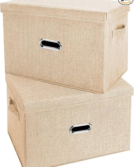 Large Linen Fabric Foldable Storage Bins with Removable Lid and Handles, Washable Storage Box Organizer Containers Baskets Cube with Cover for Bedroom,Office (Khaki, Extra Large(2-Pack))