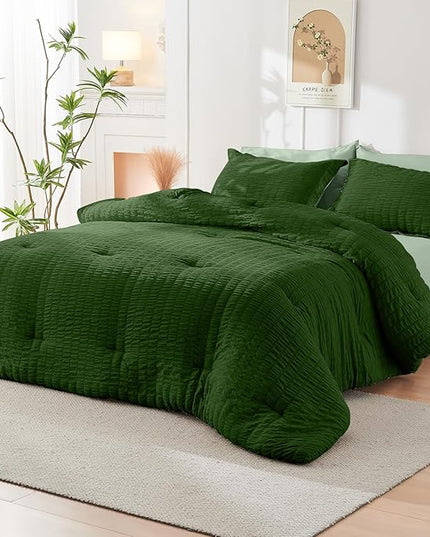 HYMOKEGE Dark Green/Sage Green Full Size Comforter Sets Seersucker 7 Pieces, All Season Luxury Bed in a Bag for Bedroom, Bedding Set with Comforter, Sheets, Pillowcases & Shams
