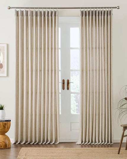 Beige Sheer Pinch Pleated Curtains 108 Inches Long 2 Panels,Back Tab Pleated Drapes Hooks Thick Linen Textured Boho Farmhouse Curtain for Dining Bedroom 70 Inch Wide Each Panel