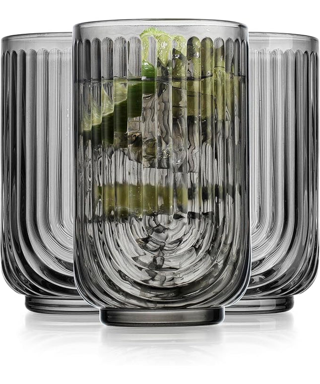 Glaver's Vintage Glassware Art Deco Glasse Ribbed Drinking Glasses U-Shape Arch Design Colored Cocktail Kitchen Tumblers Everyday Dinner Decorative Party (Smoke S/4 17oz)