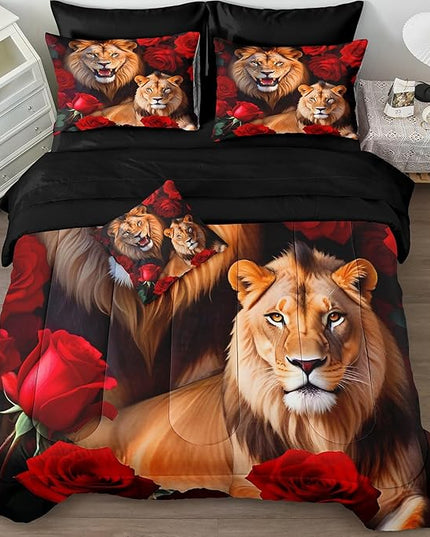 Bedbay Bedding Comforter Set King Size Wild Animal Bedding Set Rose Flowers and Lion Couple Printed 8 Pieces King Bed in a Bag Set Teen Adults Comforter Set with Sheets