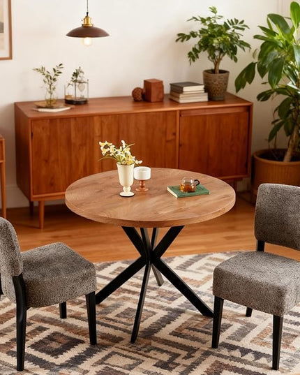3 Piece Dining Table Set,Small 37" Round Kitchen Table Set for 2, Mid Century Modern Circle Coffee Set for Dining Room Kitchen Apartment, Space Saving (Wooden Table + 2 Grey Chairs)