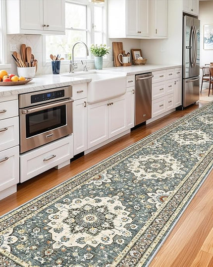 Washable Oriental Hallway Runner Rug - 3x20 Rugs for Living Room Soft Carpet for Bedroom Kitchen Waterproof Floral Distressed Indoor Stain Resistant Non-Shedding Floor Carpets (Blue, 3X20)