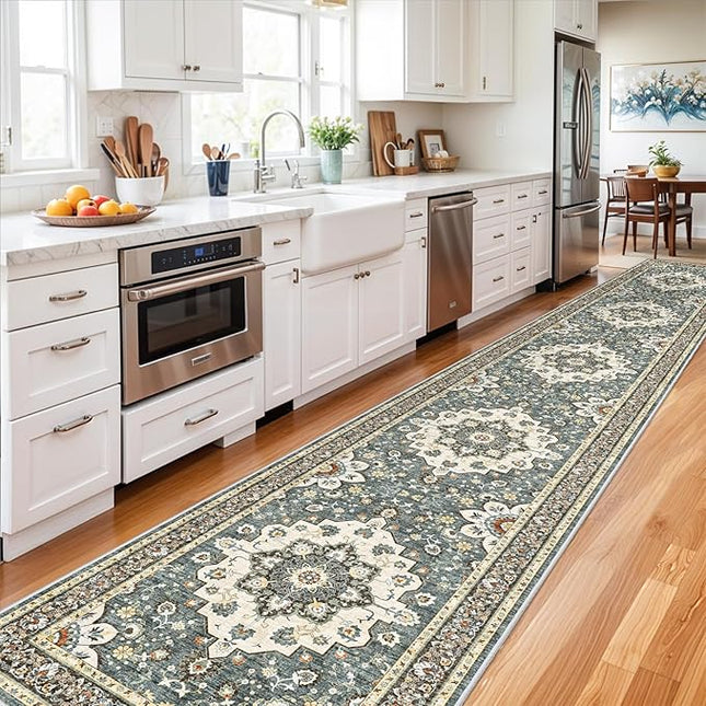 Washable Oriental Hallway Runner Rug - 3x20 Rugs for Living Room Soft Carpet for Bedroom Kitchen Waterproof Floral Distressed Indoor Stain Resistant Non-Shedding Floor Carpets (Blue, 3X20)