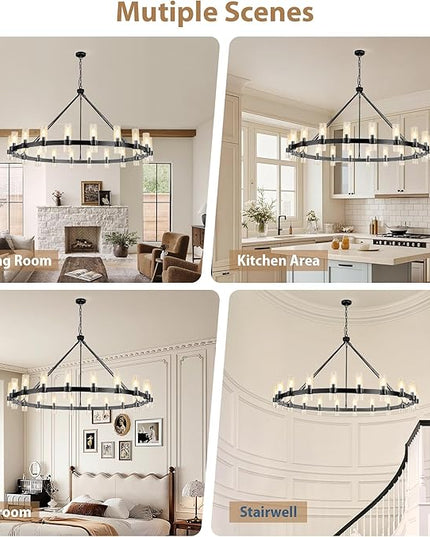 20-Light Large Black Wagon Wheel Chandelier with Glass Shades, 60 Inch Farmhouse Industrial Round Chandelier for High Ceilings, Pendant Lighting Fixture for Dining Living Room Kitchen Island Foyer