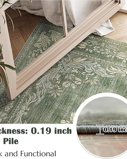 jinchan Green Floral 3x5 Area Rugs for Entryway - Machine Washable Vintage Distressed Design Low-Pile Soft Non-Shedding Christmas Carpet for Kitchen Bedroom Laundry Living Room (3x5ft, Dark Green)