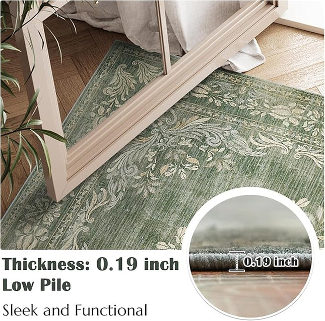 jinchan Vintage Floral Runner Rug 2x6 - Machine Washable Distressed Design Non-Slip Low-Pile Soft Thin Christmas Carpet for Hallway Kitchen Farmhouse Bedroom Entryway Laundry Room (2x6ft, Dark Green)
