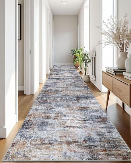 IOHOUZE Abstract Runner Rug 3x18 Ft Washable Runners for Hallways, Non Slip Kitchen Runner Printed Faux Wool Entryway Runner Indoor, Modern Abstract Floor Carpet for Hall Stair, Orange Grey
