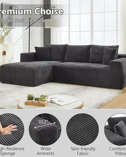 PELUMY 108.7" L-Shaped Cloud Couch with Memory Foam, Modular Sectional Sofa with Oversized Chaise, No Assembly Required Sleeper Sofa for Small Space Living Room, Apartment (Grey, Corduroy)