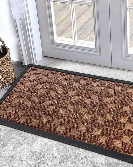 Bulijojo Sturdy Front Entrance Doormats,Durable Heavy Duty Welcome Mat,Thick Absorbent Natural Rubber Non Slip Mat,Easy Clean Entryway Mat 17"x30" Geometric Brown
