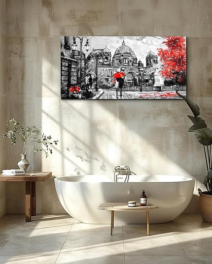 Black and White Buildings and Lovers Holding Umbrellas Under Street Lamps Canvas Art Print Artwork Wall Art for Living Room bedroom Wall Decor，Modern Home Decor Watercolor wall painting decoration