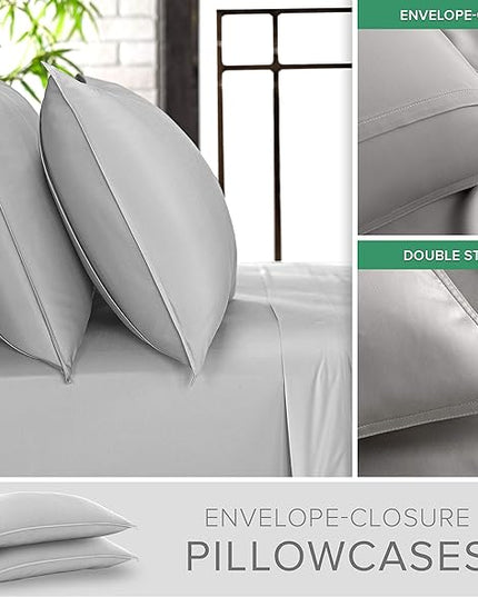 Pure Bamboo King Sheets, Genuine 100% Organic Viscose Derived from Bamboo Bed Sheet Set, Luxuriously Soft & Cooling, Double Stitching, 2 Year Quality Promise (King, Silver Pearl)