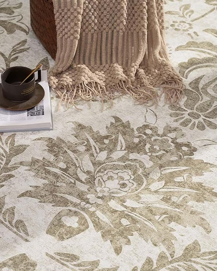 jinchan Torino Floral 5x7 Area Rugs, Vintage-Inspired Neutral Design Accent Rug, Machine Washable Ultra-Thin Low-Pile Non-Slip Traditional Carpet for Living Room Bedroom Dining Room Home Office, Taupe