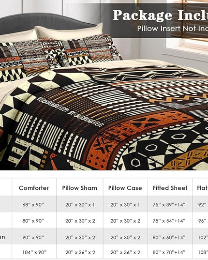Comforter Set King Size, Vintage Tribal African 7 Pcs Bedding for Kids and Adults, Brown Abstract Patchwork Bed Sheet Sets with Fitted Sheet 2 Pillowcases & 2 Shams