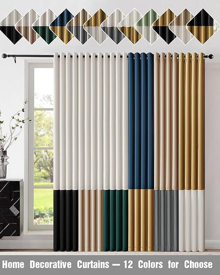 BULBUL Color Block Window Curtains Panels 90 inches Long Cream Ivory Champagne Velvet Farmhouse Drapes for Bedroom Living Room Darkening Treatment with Grommet Set of 2