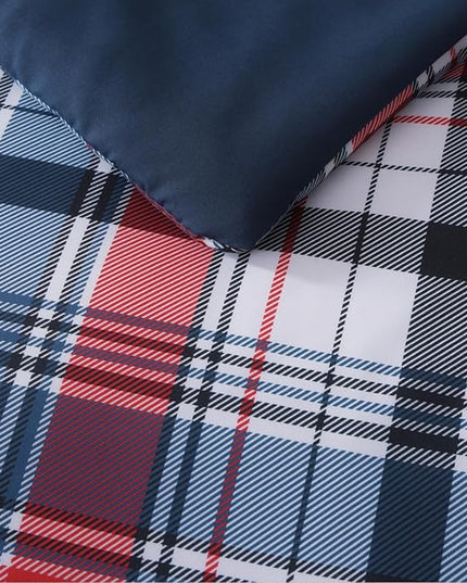 MaiRêve Queen Size Plaid Comforter Set Navy Red, Classic 7 Pieces Farmhouse Bedding Set, All Season Lightweight Bed in A Bag with Sheets, Pillowcases & Shams